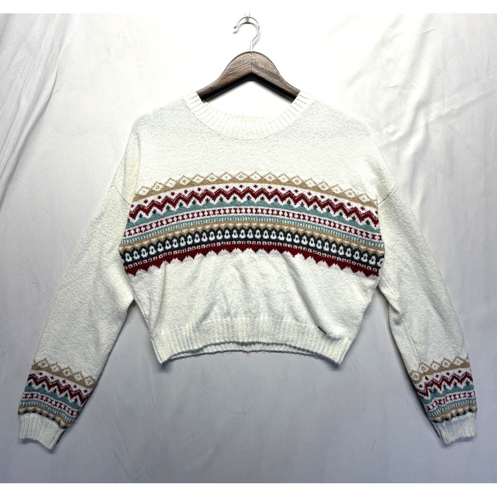 Hollister Sweater Womens Small White Multi Fair Isle Print Crew Neck Ribbed